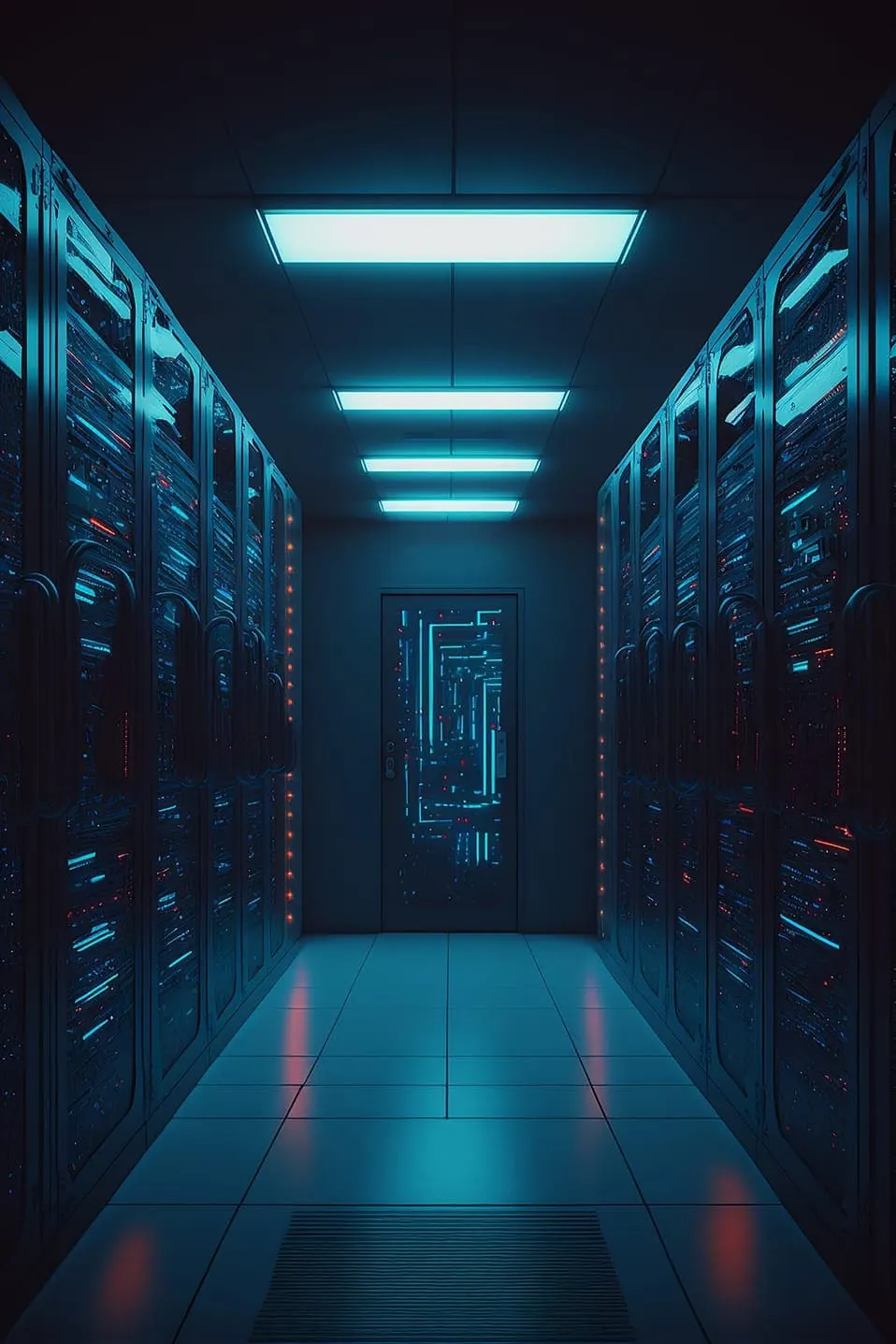 Data centre corridor lined with server racks