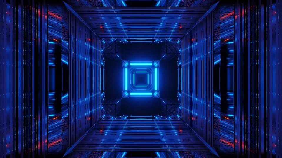 Neon-lit data centre tunnel